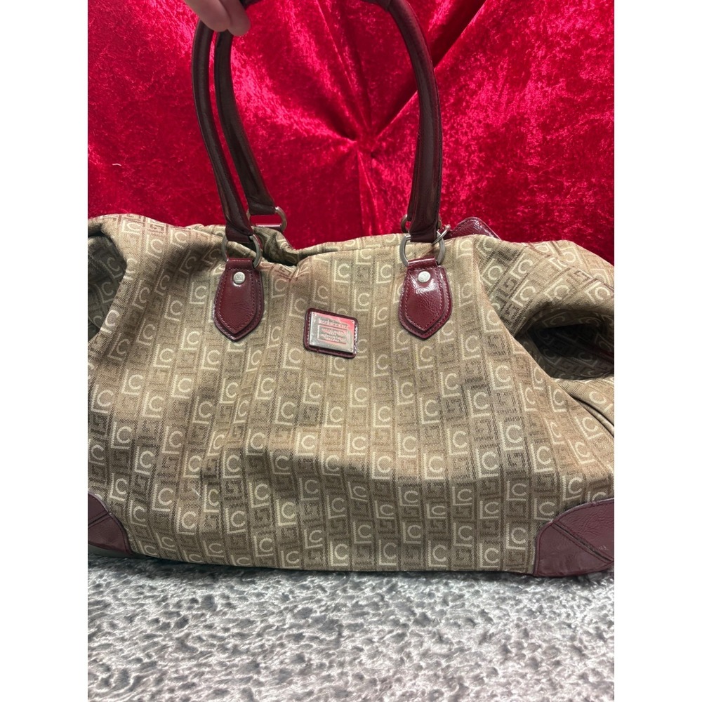 Liz Claiborne Monogram Rolling Duffle Bag Burgundy Trim Travel Luggage Tan Brown
